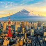 Tokyo skyline with Tokyo Tower and Mount Fuji in the background for a Japan travel itinerary