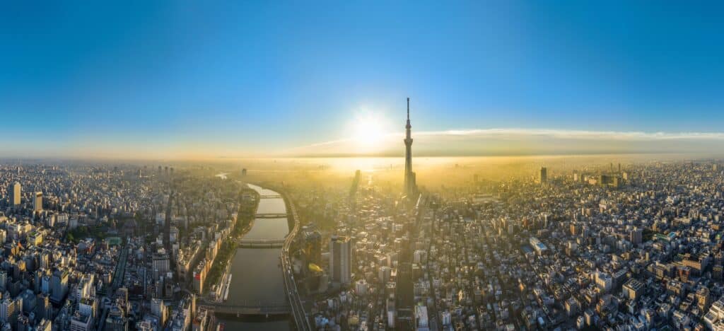 Aerial view of Tokyo skyline with Tokyo Skytree at sunrise