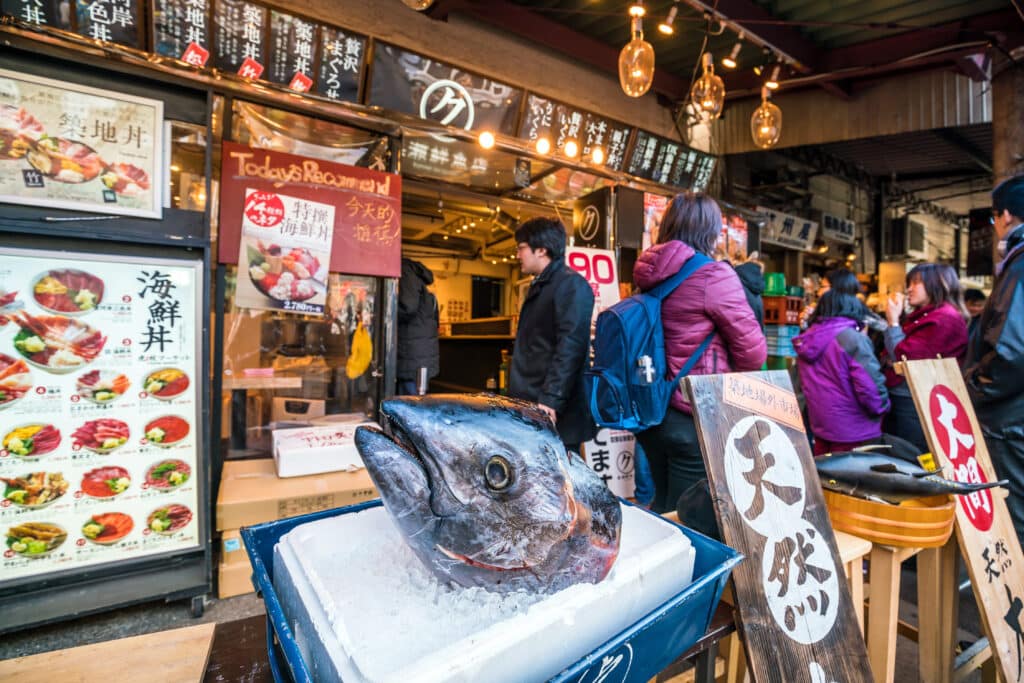 Tsukiji Outer Market with fresh seafood and street food stalls