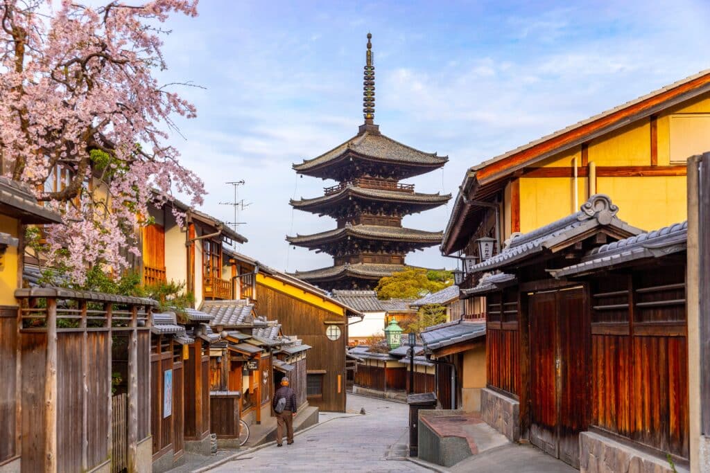 Yasaka Pagoda rising above traditional street in Higashiyama Kyoto