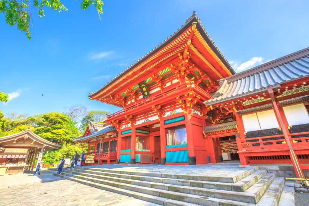 red shrine gate at Yasaka Shrine in Kyoto Japan