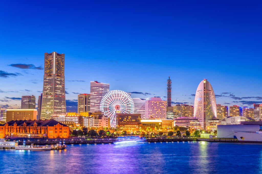 Yokohama Minato Mirai skyline at night with waterfront and city lights