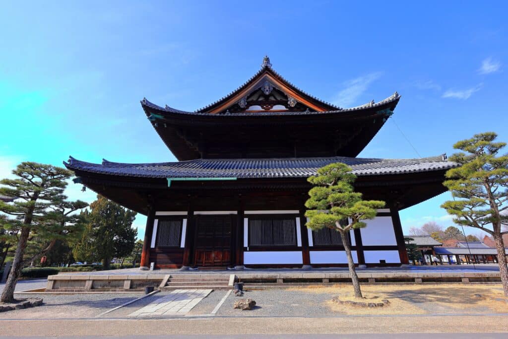 traditional Zen temple hall in Kyoto with wooden architecture and garden