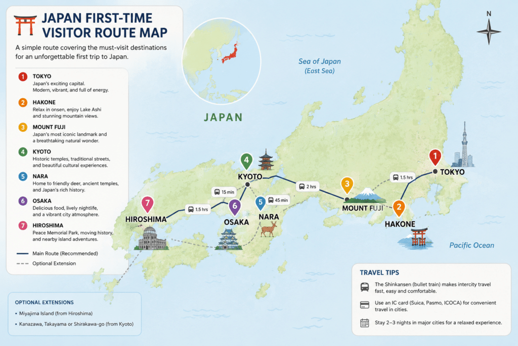 Map showing a recommended first-time Japan travel route including Tokyo, Hakone, Mount Fuji, Kyoto, Nara, Osaka, and Hiroshima