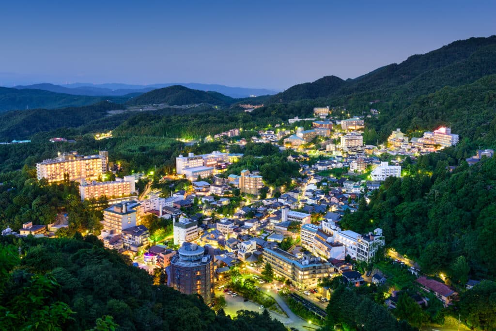 Night view of Arima Onsen near Kobe surrounded by mountains