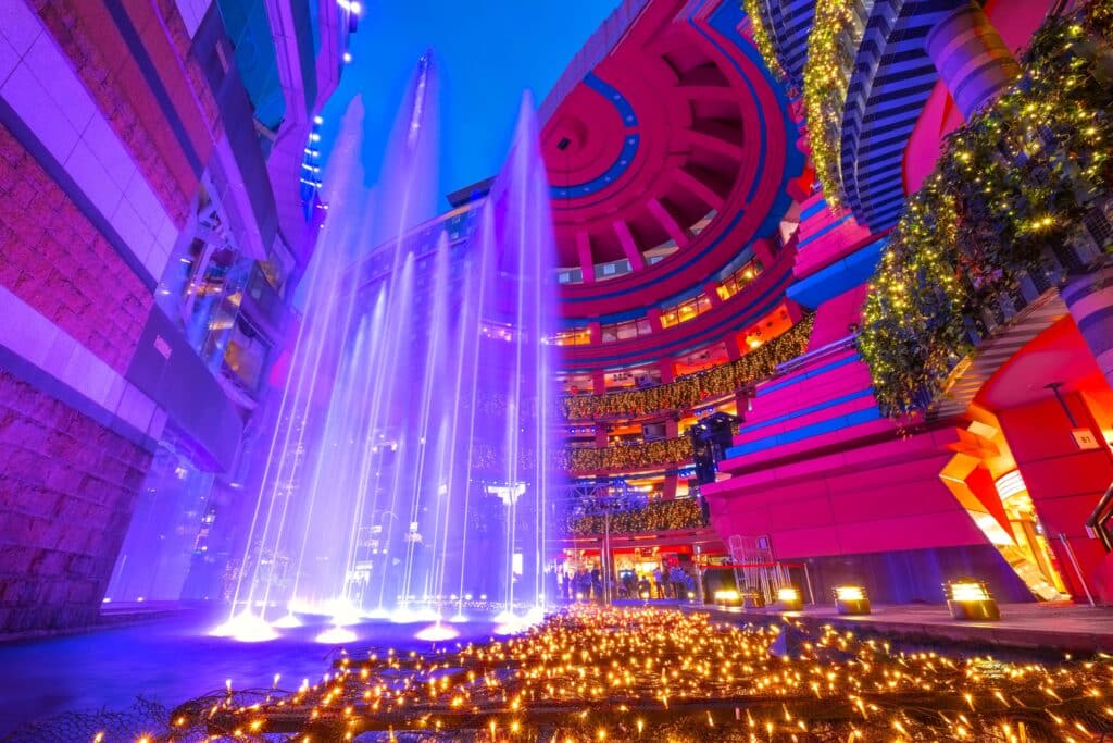 Illuminated Canal City Hakata shopping complex with fountain show in Fukuoka