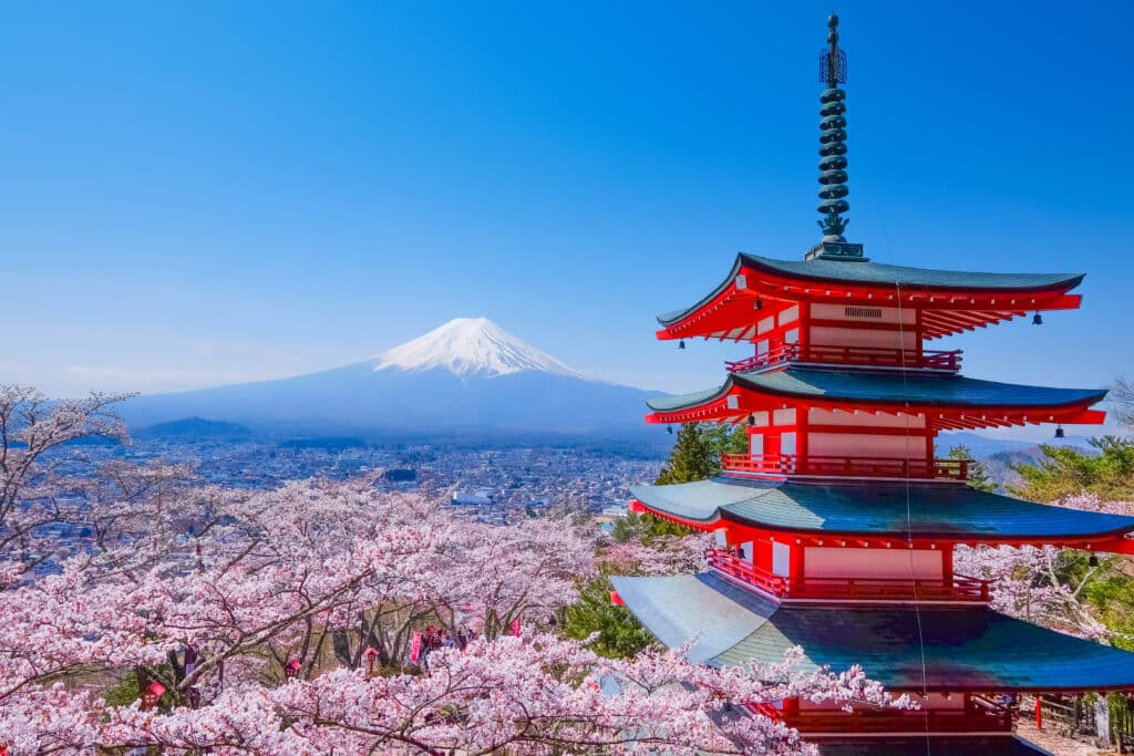 Chureito Pagoda with Mount Fuji and cherry blossoms during spring in Japan