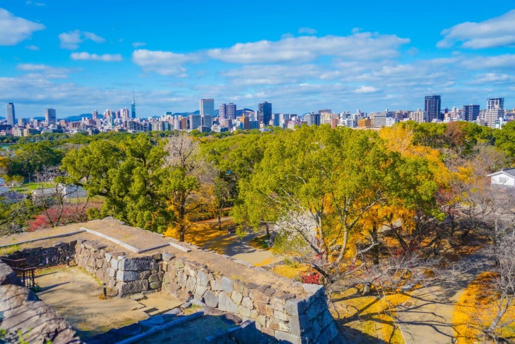 View from Fukuoka Castle Ruins overlooking Maizuru Park and the Fukuoka skyline in Japan