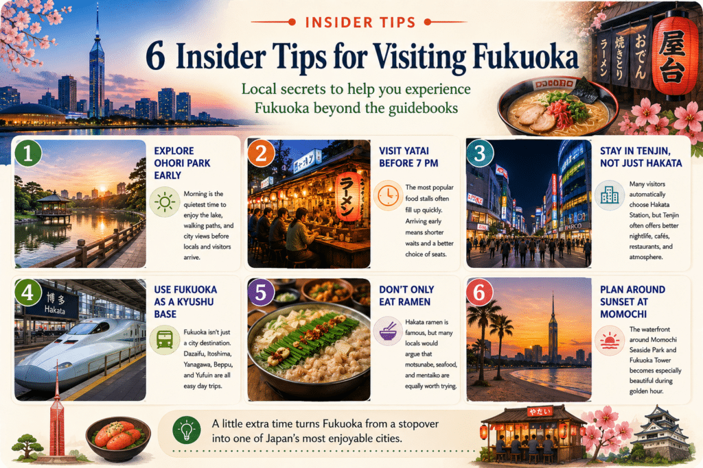 Travel Owl infographic featuring six insider tips for visiting Fukuoka, Japan