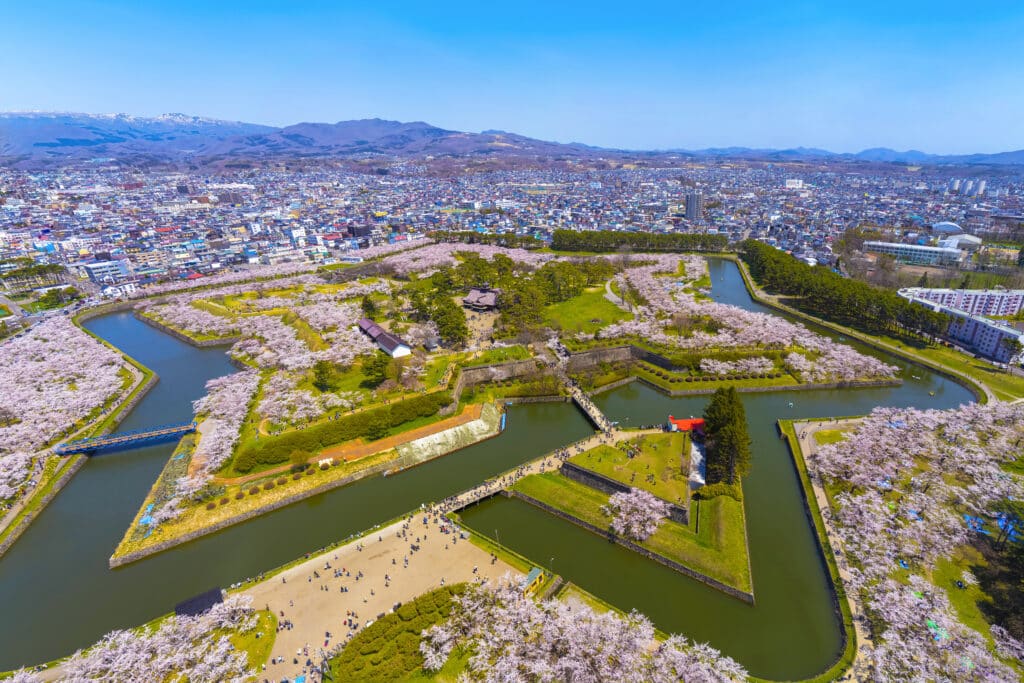 Aerial view of Goryokaku Park in Hokkaido surrounded by cherry blossoms during spring