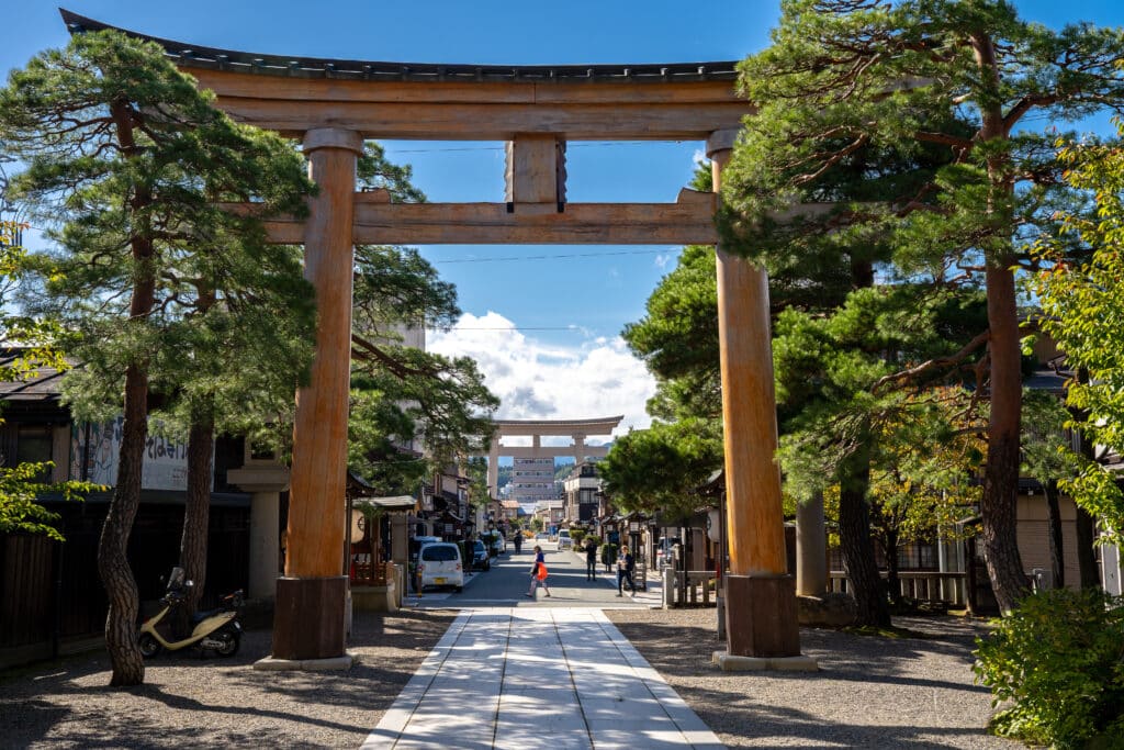 Large wooden torii gate at Hie Shrine in Takayama