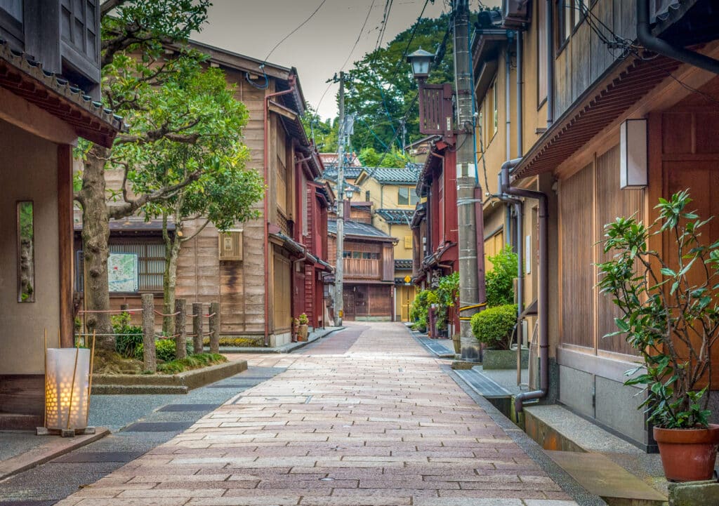 Traditional wooden buildings in Higashi Chaya District in Kanazawa