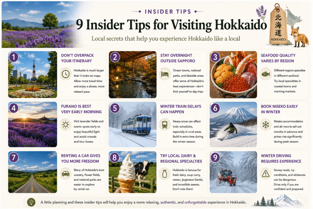 Insider tips infographic for visiting Hokkaido with travel advice and local recommendations