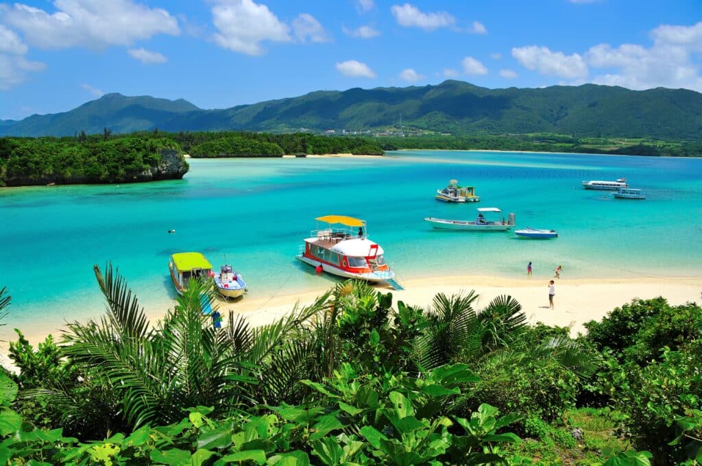 Tropical bay with turquoise water and boats near Ishigaki Island Okinawa