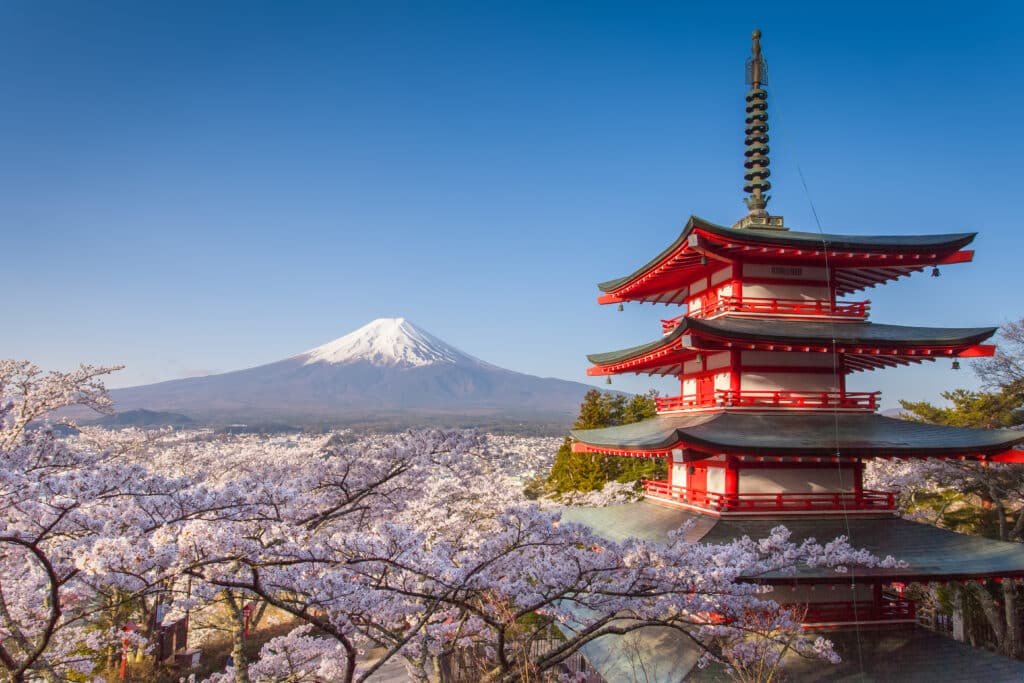 Chureito Pagoda with Mount Fuji and cherry blossoms during spring in Japan