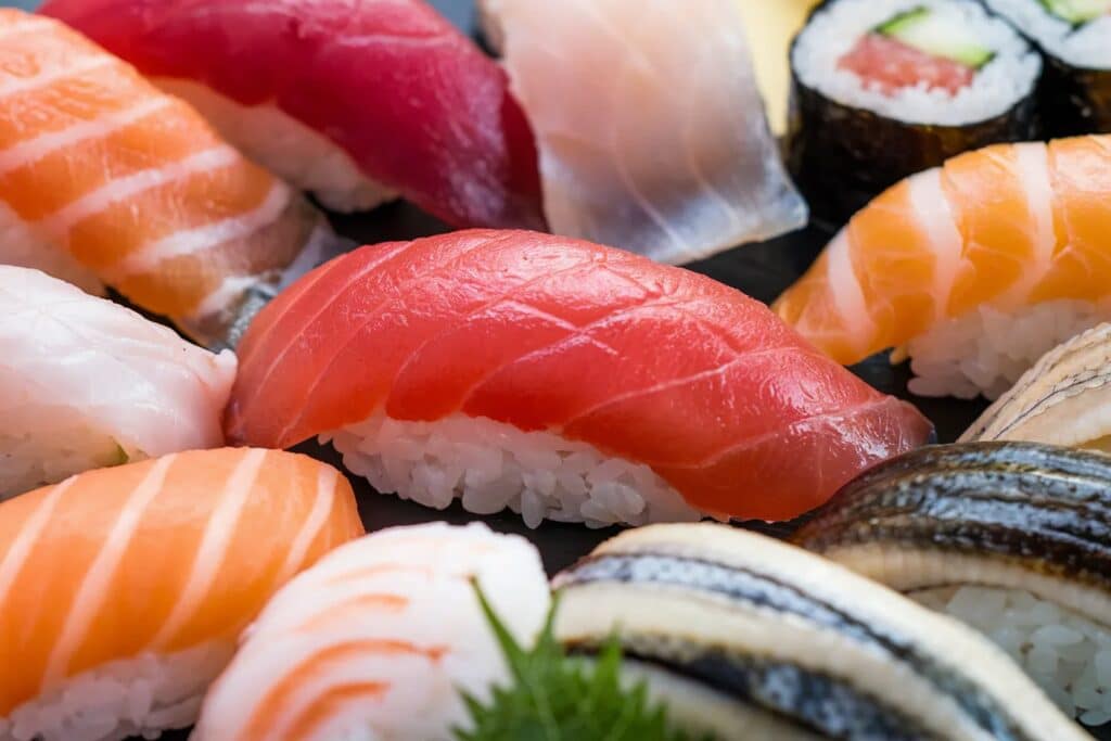 Assorted fresh sushi and nigiri served in Japan