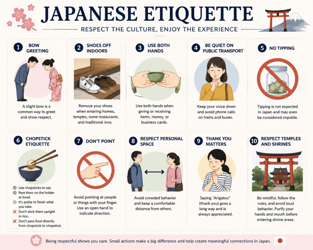 Infographic explaining essential Japanese etiquette tips for first-time visitors
