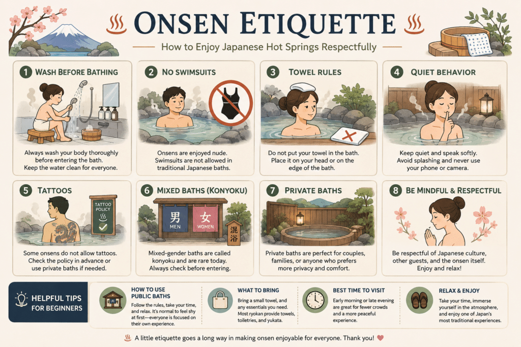 Illustrated guide to Japanese onsen etiquette and hot spring rules