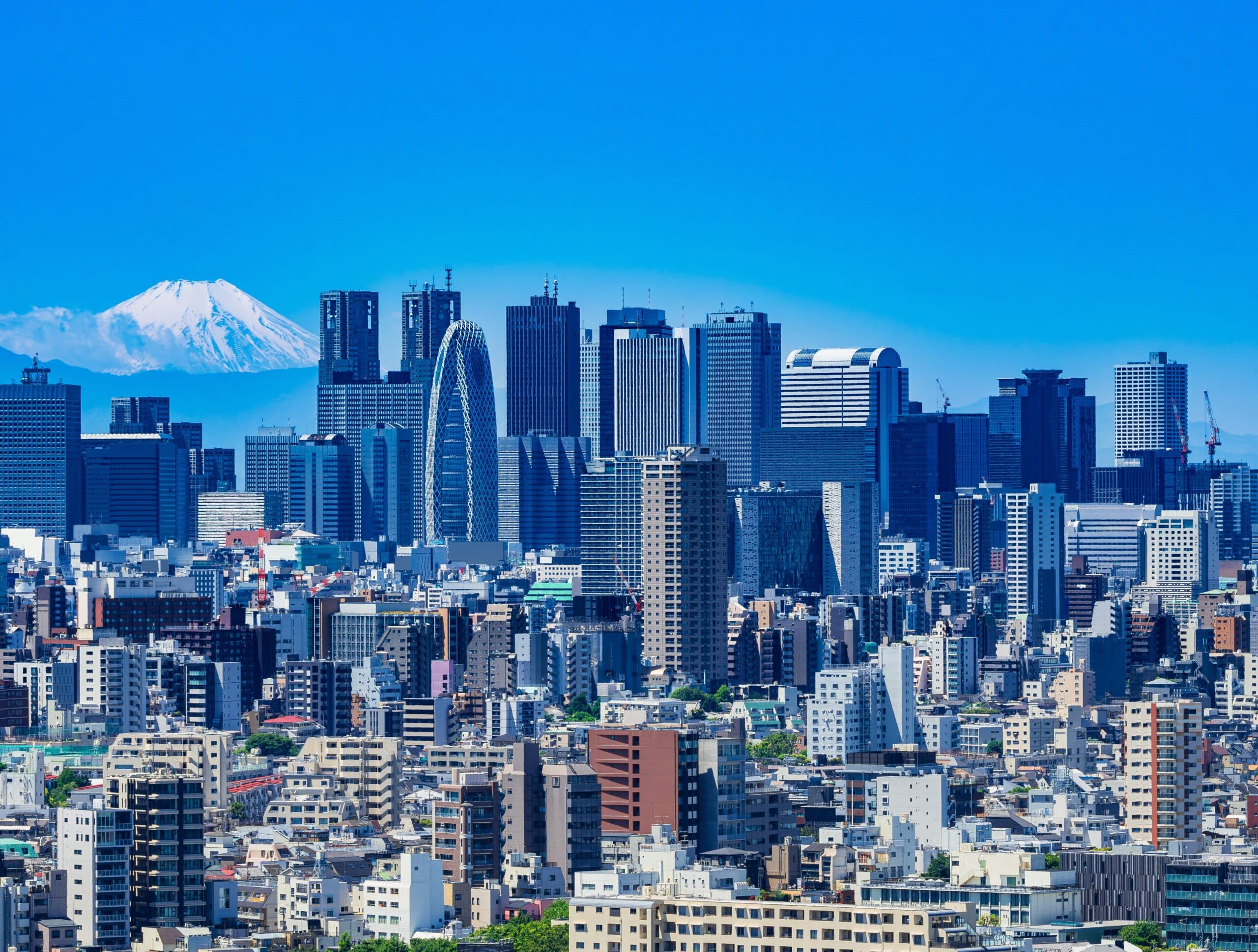 Tokyo skyline with modern skyscrapers and Mount Fuji visible in the background