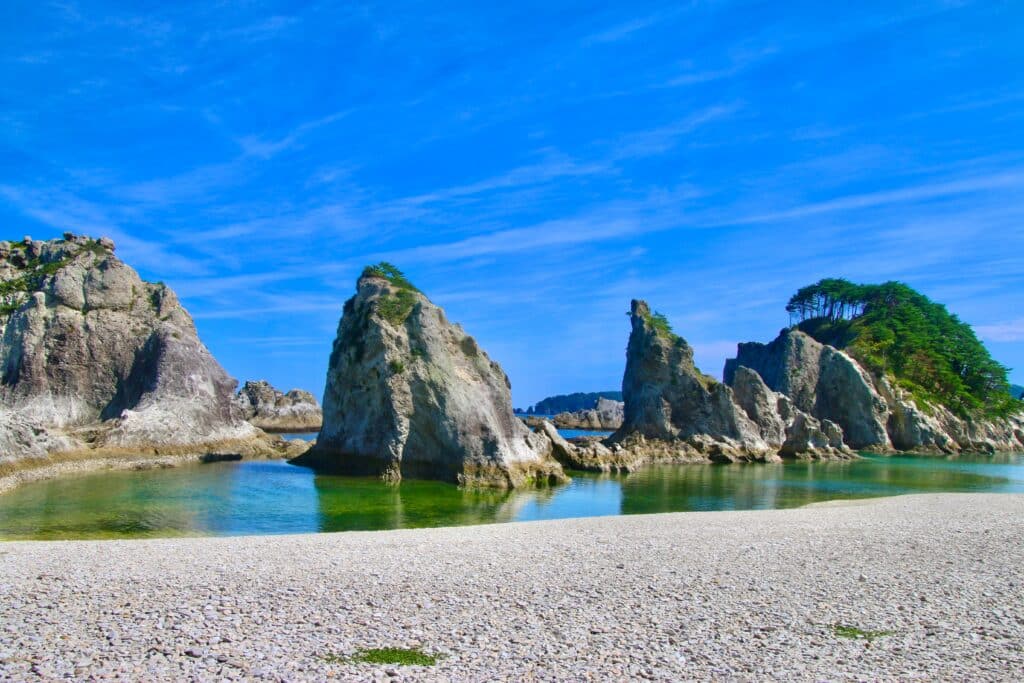 Jodogahama Beach in Iwate Japan with white rock formations and clear water