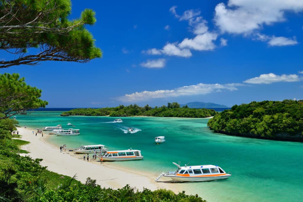 Kabira Bay Ishigaki Okinawa with turquoise water and glass bottom boats