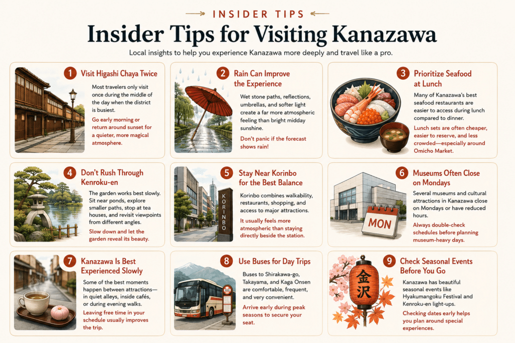 Illustrated insider tips graphic for visiting Kanazawa
