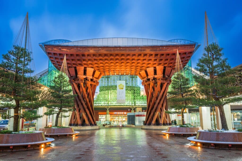 Illuminated Tsuzumi Gate at Kanazawa Station at night