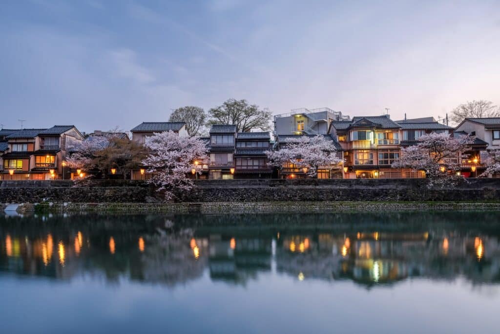 Traditional riverside houses in Kazue-machi Chaya District at dusk