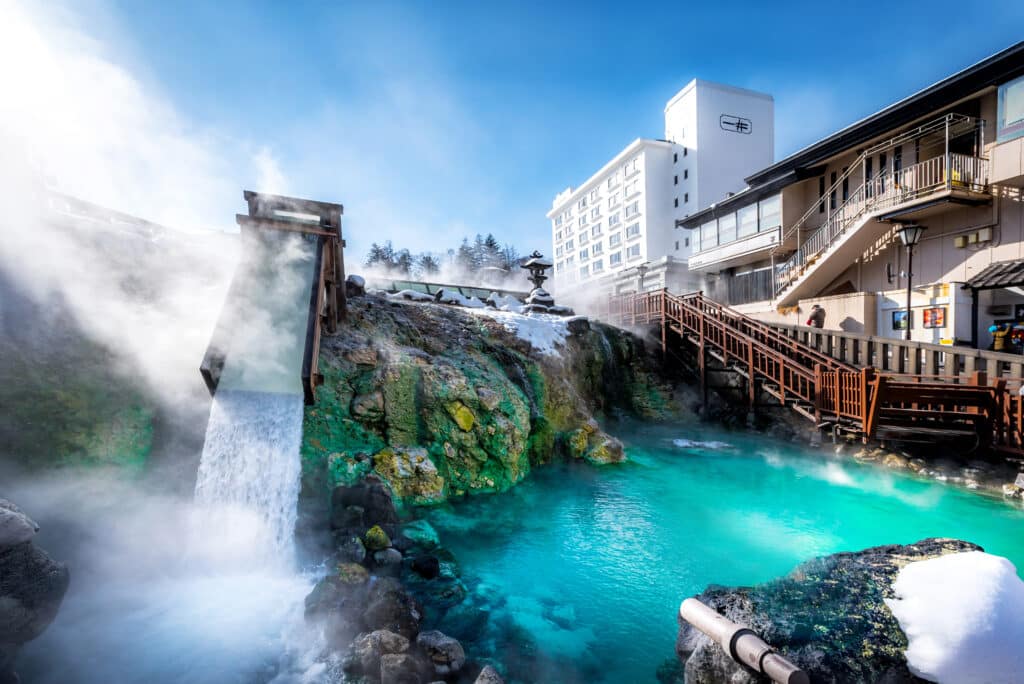 Kusatsu Onsen Yubatake hot spring field in winter