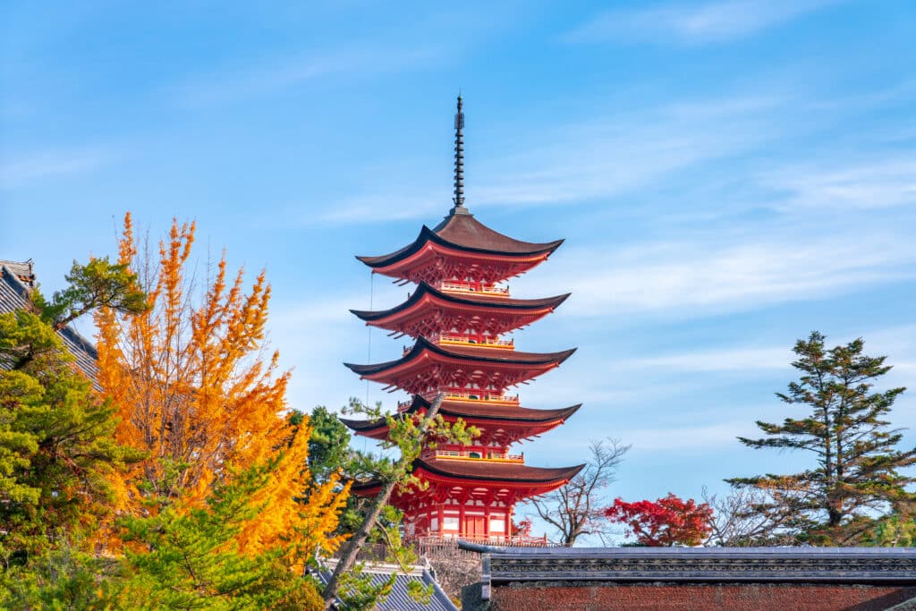 Five-Story Pagoda surrounded by autumn colors on Miyajima Island