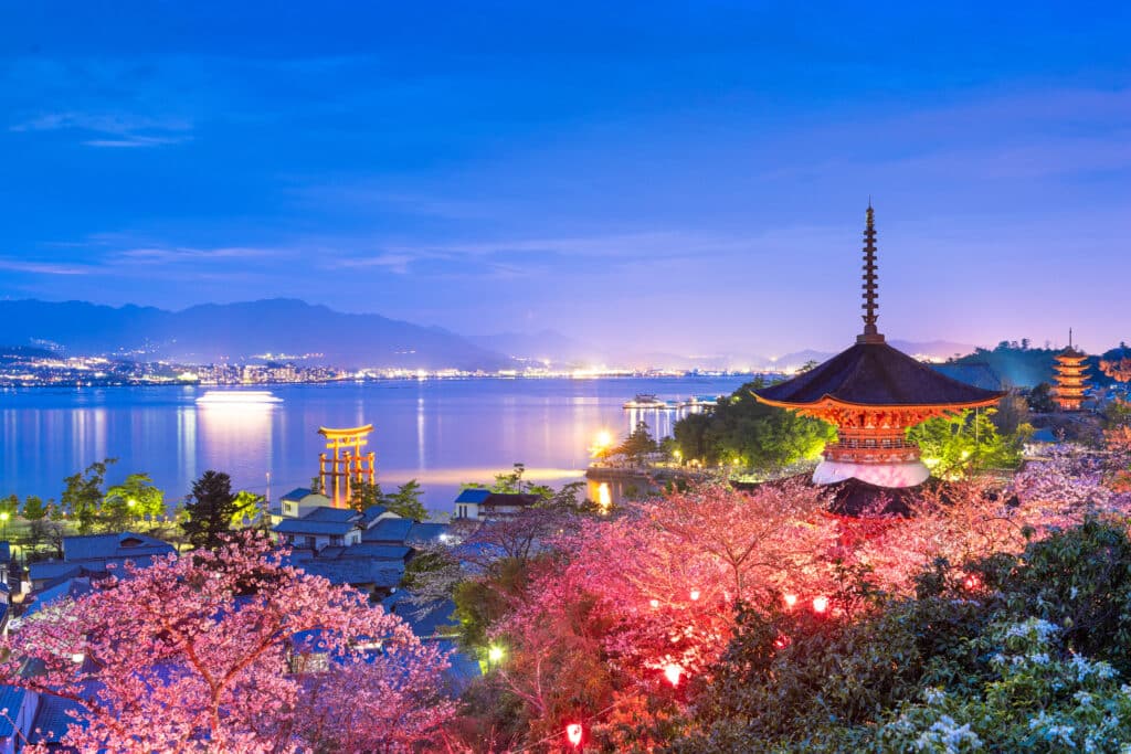 Night view of Miyajima with illuminated pagoda, cherry blossoms, and Hiroshima Bay