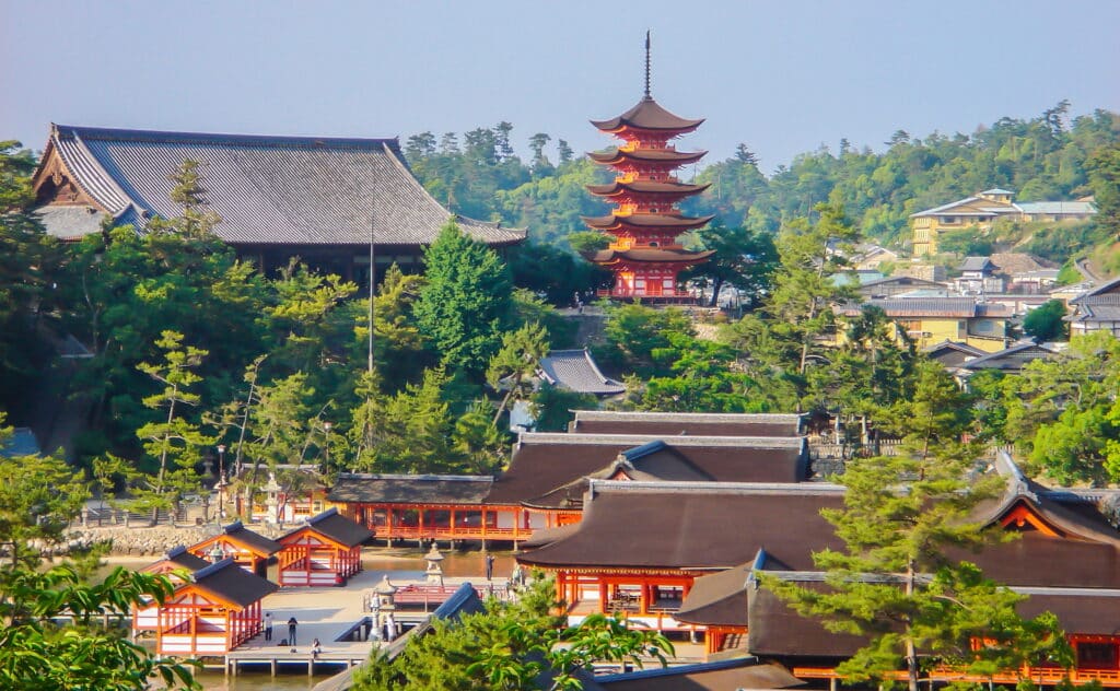 Panorama of Itsukushima Shrine and Five-Story Pagoda viewed across Miyajima Island