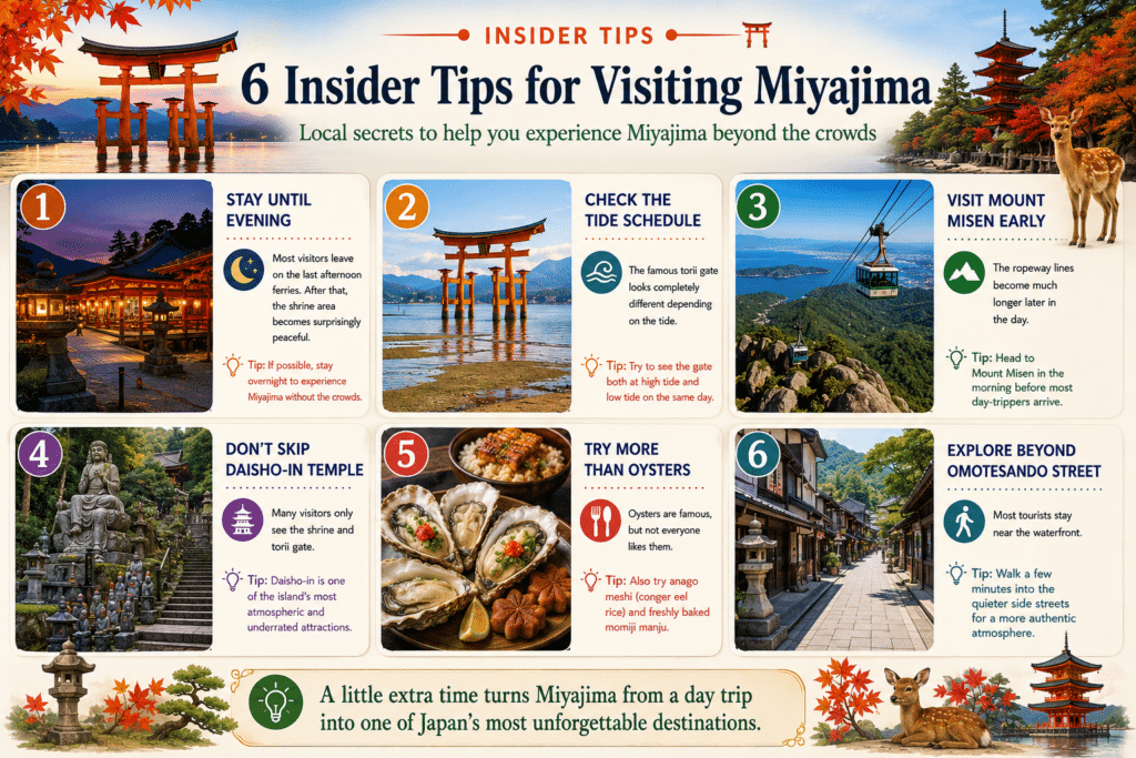 Infographic showing six insider tips for visiting Miyajima including the floating torii gate, Mount Misen, Daisho-in Temple, local food, and Omotesando Street
