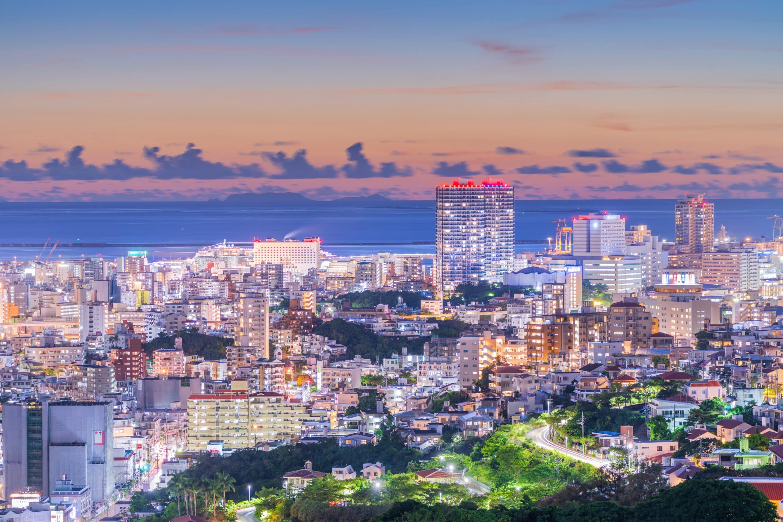Night view over Naha city and coastline in Okinawa