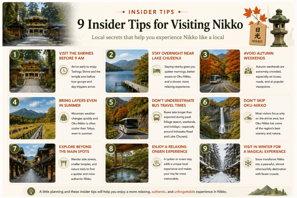 Insider tips infographic for visiting Nikko, Japan