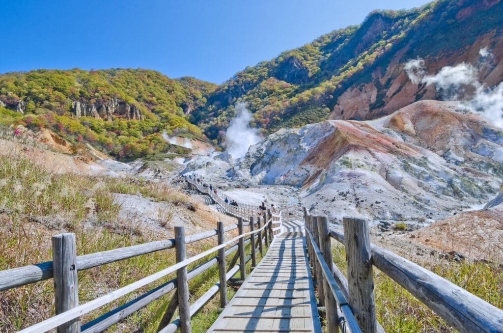 Steam vents and volcanic landscape in Noboribetsu Hell Valley in Hokkaido