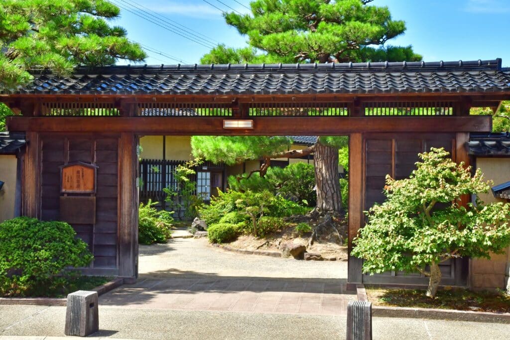 Traditional entrance gate of Nomura-ke Samurai House in Kanazawa Japan