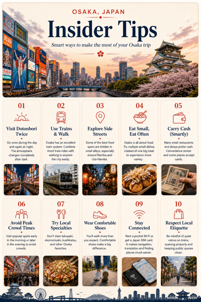 Osaka insider tips travel graphic with key advice for visiting the city
