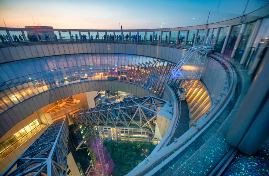 Umeda Sky Building Floating Garden Observatory in Osaka at sunset with panoramic city views