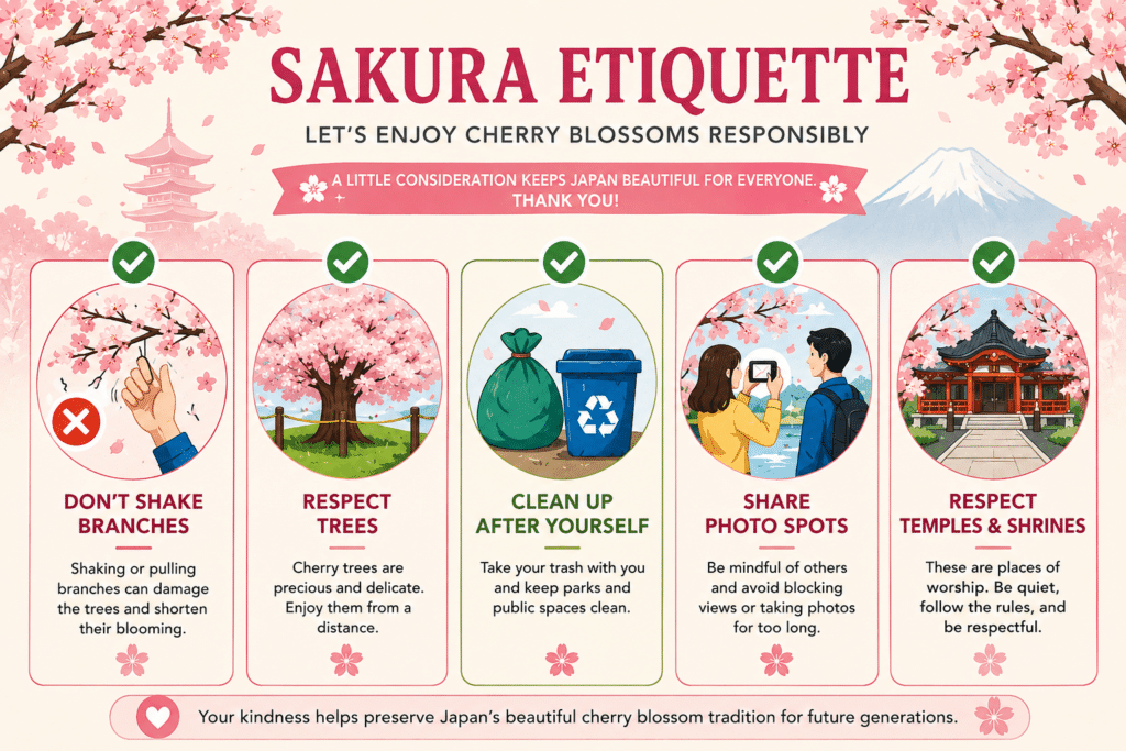 Sakura etiquette guide showing respectful behavior during cherry blossom season in Japan including tree protection, cleanup, and photography etiquette