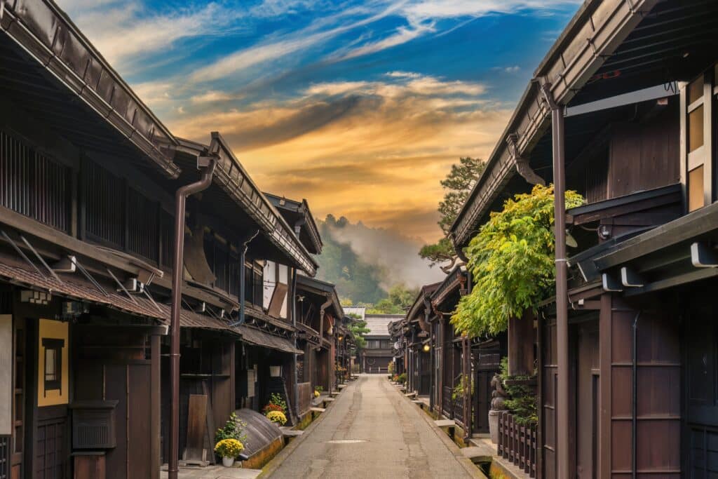 Traditional Sanmachi Suji street in Takayama at sunset