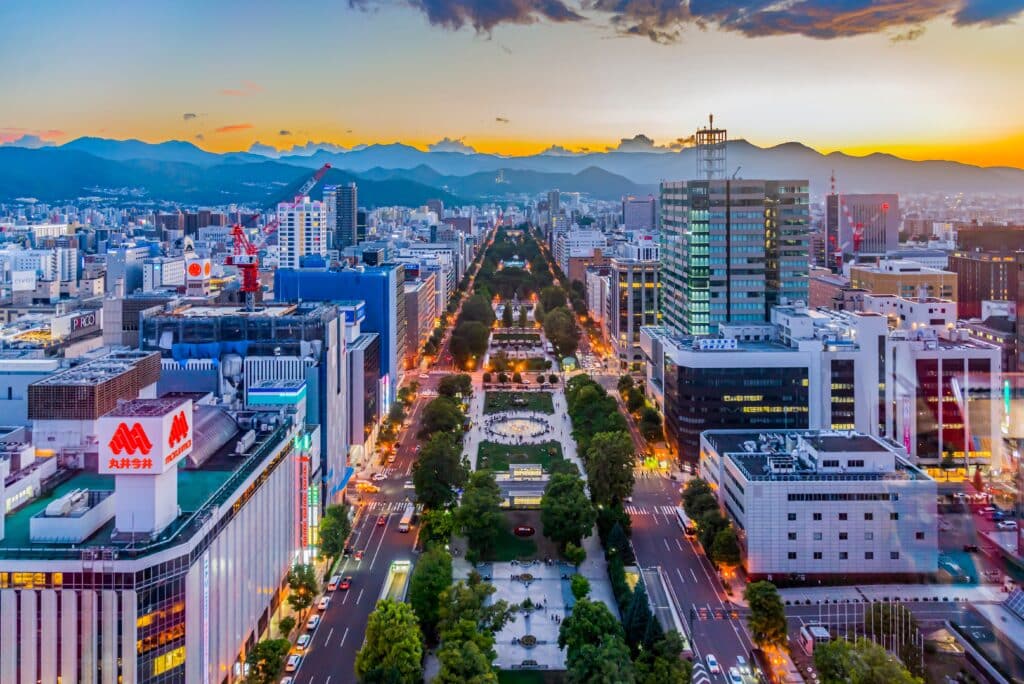City skyline and Odori Park in central Sapporo in Hokkaido