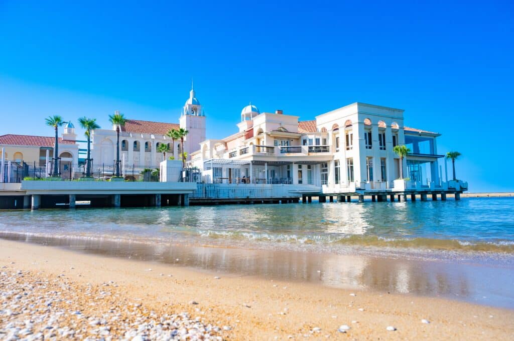 Waterfront architecture and sandy beach at Seaside Momochi in Fukuoka