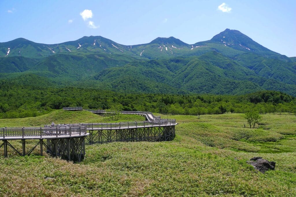 Boardwalk and mountain scenery in Shiretoko National Park in Hokkaido