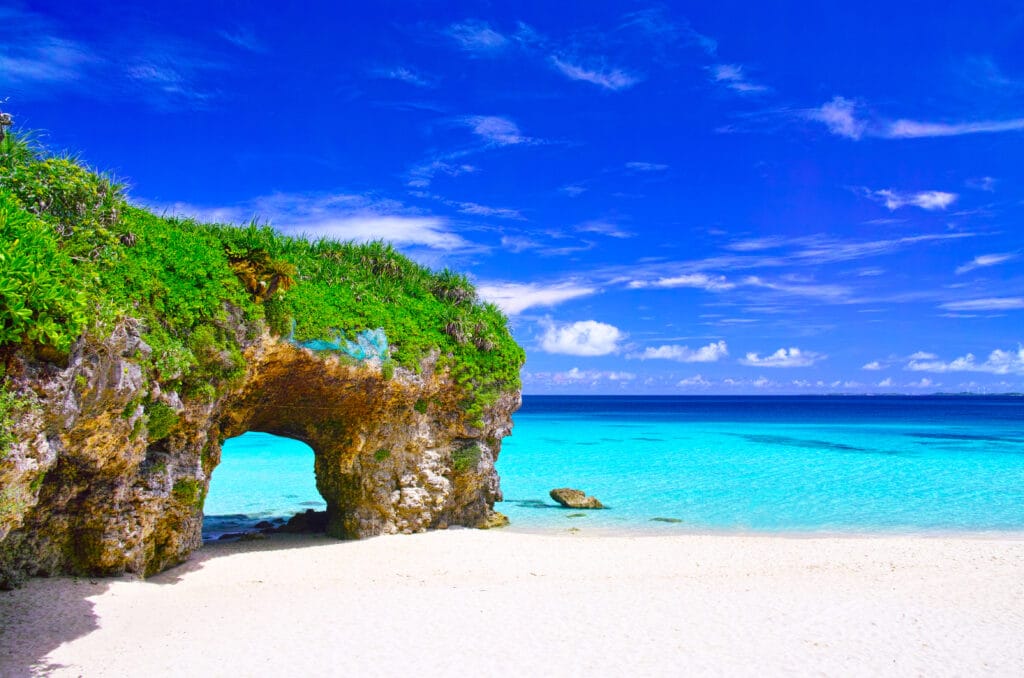 Sunayama Beach Miyako Island Okinawa with natural rock arch and turquoise water