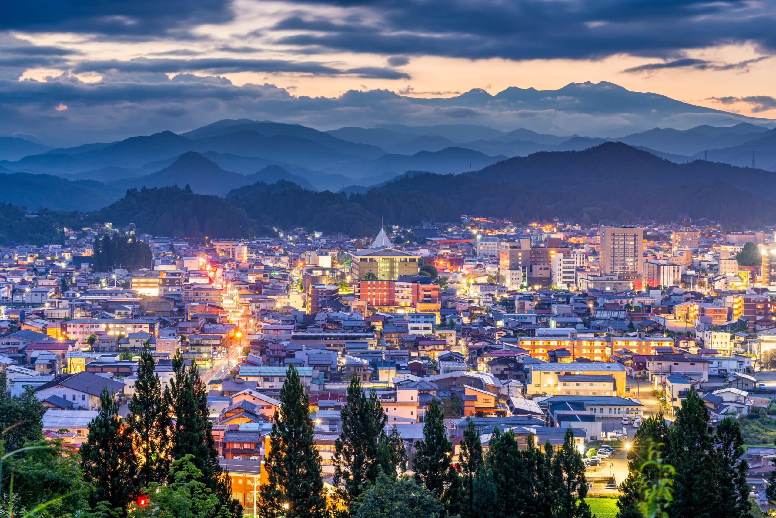 Night view of Takayama city surrounded by the Japanese Alps