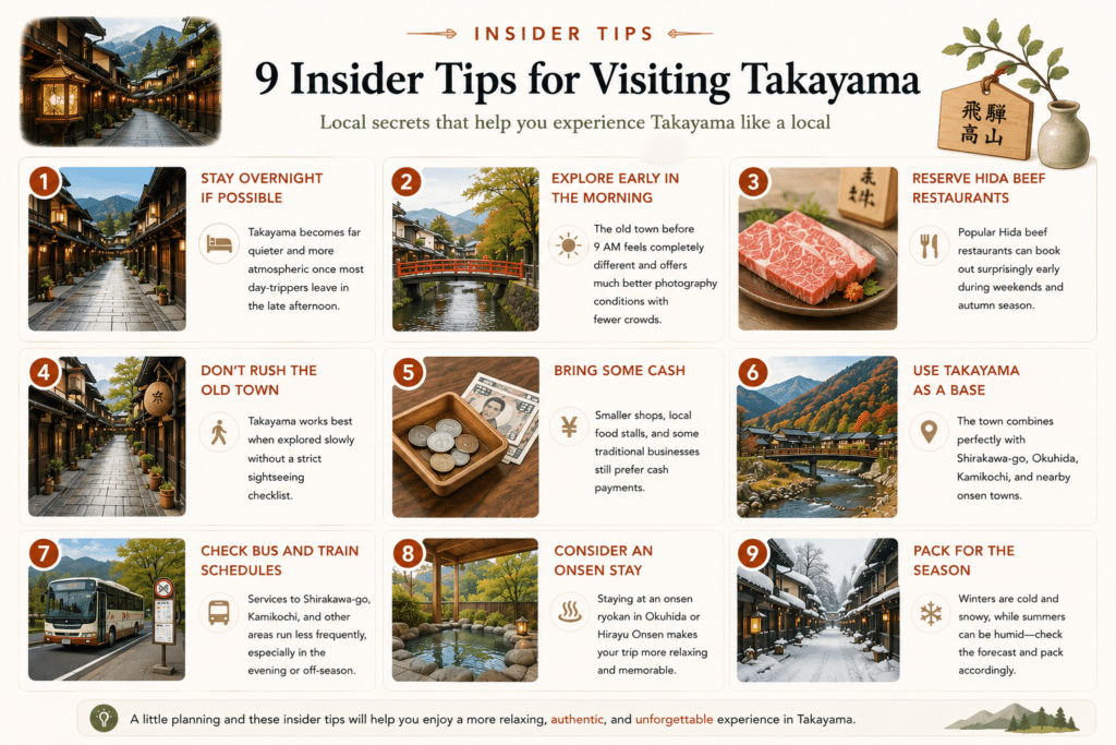 Insider tips infographic for visiting Takayama Japan