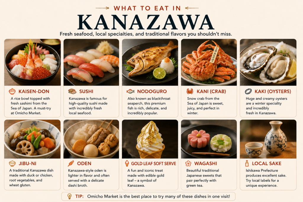 Illustrated food guide showing the best local dishes to eat in Kanazawa including sushi, crab, oysters, and kaisen-don
