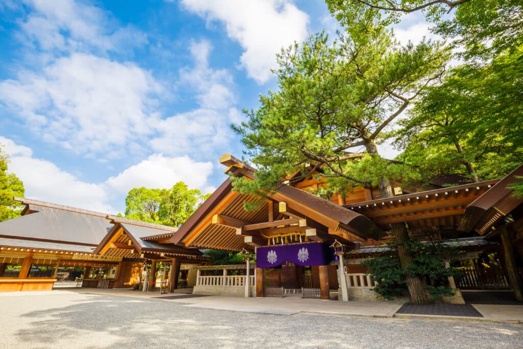 Main buildings of Atsuta Shrine surrounded by trees in Nagoya