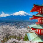 Chureito Pagoda overlooking Mount Fuji surrounded by cherry blossoms